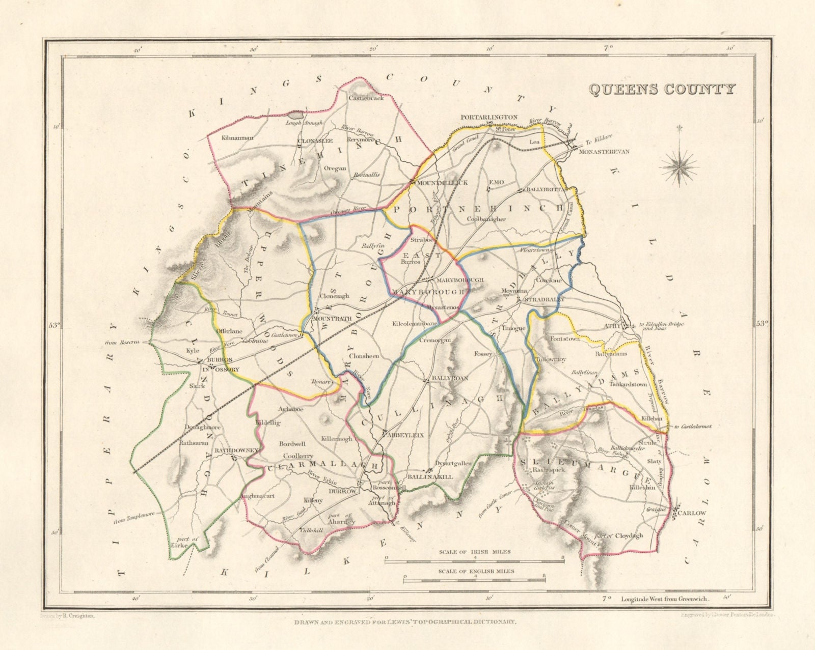 QUEENS COUNTY (LAOIS) antique map for LEWIS. DOWER & CREIGHTON. Ireland 1846